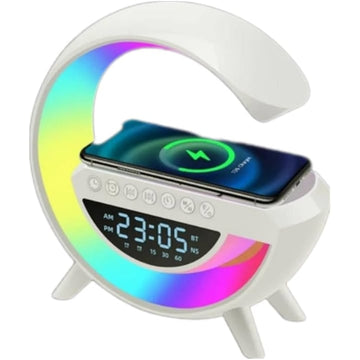 Lampa Smart LED si Incarcator Wireless 15W, Lumini Ambientale, Sincronizare muzicala, Difuzor 5W, Muzica Bluetooth, USB, FM Radio, MicroSD, AUX, Afisaj Ceas Digital, Alarma