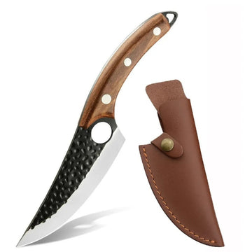 Cutit profesional outdoor cu maner din lemn si teaca din piele lama curbata din otel carbon, ideal pentru camping, vanatoare, bucatarie rustica
