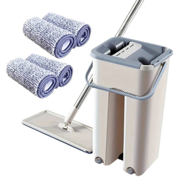 Set Galeata cu Storcator si Mop SUPER TRENDS®, 2 Cuve Pentru Spalare si Uscare Fara Atingere + 4 x Laveta Microfibra Reutilizabila, Gri
