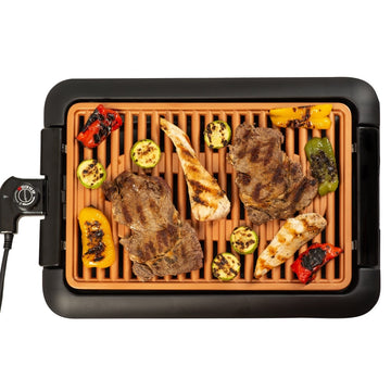 Gratar fara Fum HAUSBERG HB-537 SMOKELESS BARBEQUE, 1250W, Zona de gatit: 23cm x 36cm, Negru + Scandura De Taiat, Manopera Solida, Stabila, Maner Pentru Agatare, 38 x 28 cm