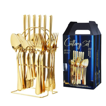 Set tacamuri aurii 24 piese din inox cu suport vertical si cutie eleganta finisaj mat, design modern pentru 6 persoane