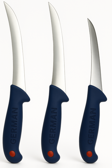 Set 3 Cutite profesionale macelarie, dezosat, transat + Dispozitiv pentru ascutit cutite, maner antialunecare, 3 nivele ascutire