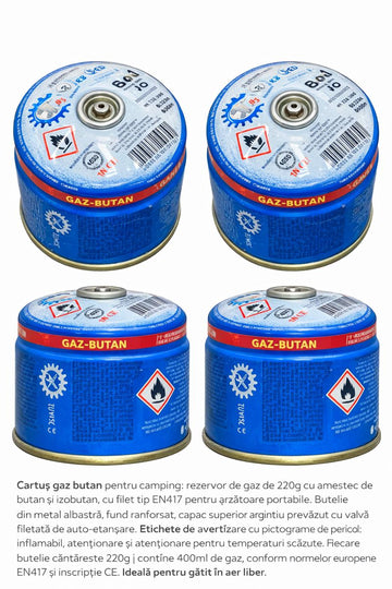 Set 4 x Cartuș Gaz Butan Camping 220g  – Rezervă Gaz Arzător Portabil, Valvă Siguranță, Compatibil Aragaz Camping