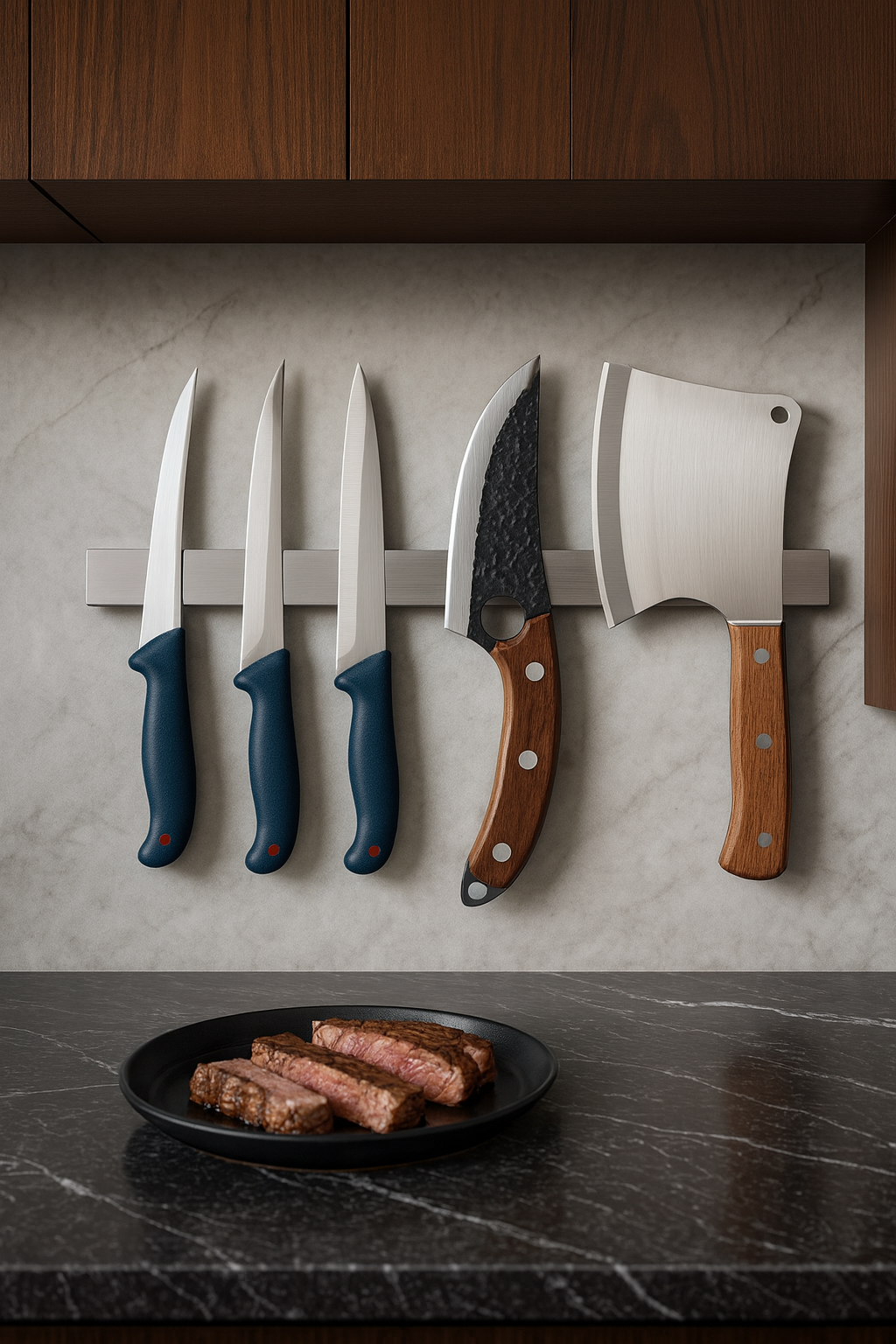 Set profesional 5 piese FEROTYB® – 3 cutite din otel german + cutit japonez din otel carbon + topor de macelar, manere ergonomice, pentru transat, dezosat, filetat si gatit BBQ