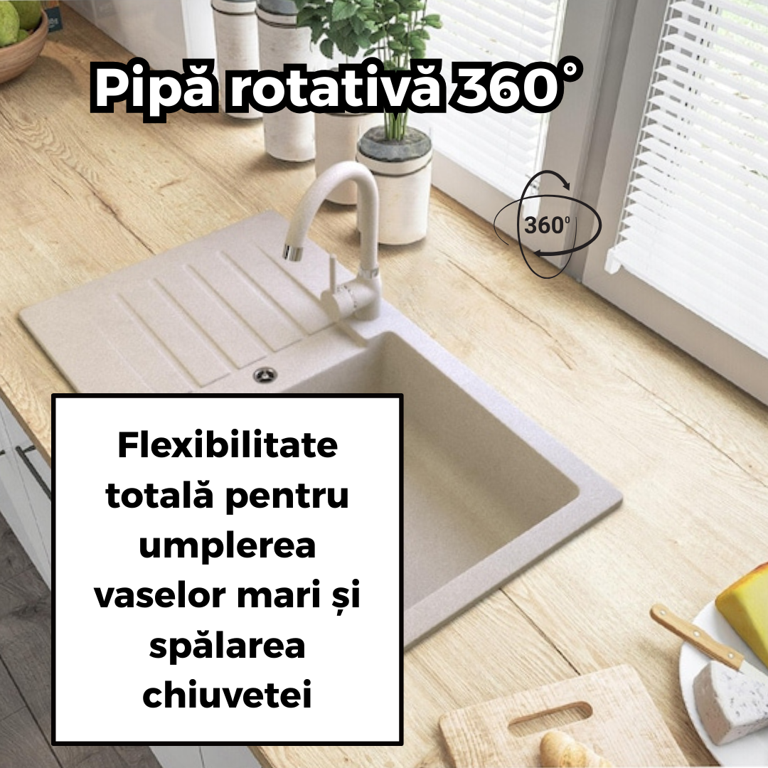 Baterie de bucatarie flexibila cu finisaj bej granulat, rezistenta la temperaturi inalte potrivit pentru orice chiuveta