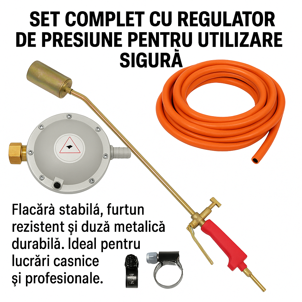 Pachet: Arzator gaz cu clapeta pentru porc, 70cm + 5m Furtun butelie cu insertie + stut butelie cu filet invers + 2 Coliere