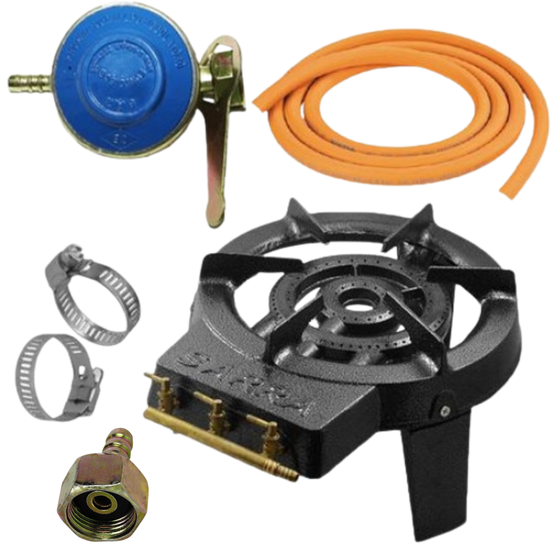  Set - Arzator gaz (pirostrie) cu 3 focuri, rotund, fonta + 2 m furtun, ceas butelie si 2 coliere, 1 bucata + Piulita butelie 1/2 cu filet invers