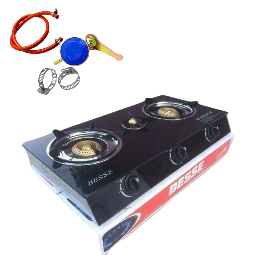 Pachet Aragaz plita sticla securizata cu 3 ochiuri, quartz, Gpl butelie, 2m de furtun pentru gaz, Ceas pentru butelie, 2 x Coliere pentru furtunul de gaz + Pachet - 2 Metri Furtun butelie, Ceas pentru butelie si 2 Coliere prindere