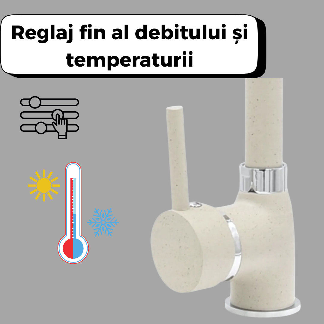 Baterie de bucatarie flexibila cu finisaj bej granulat, rezistenta la temperaturi inalte potrivit pentru orice chiuveta