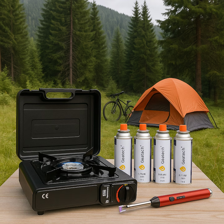 Aragaz portabil pe gaz cu valiză + 4 cartușe butan + aprinzător – ideal pentru camping & outdoor