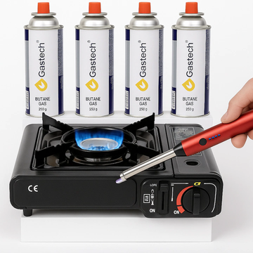 Aragaz portabil pe gaz cu valiză + 4 cartușe butan + aprinzător – ideal pentru camping & outdoor