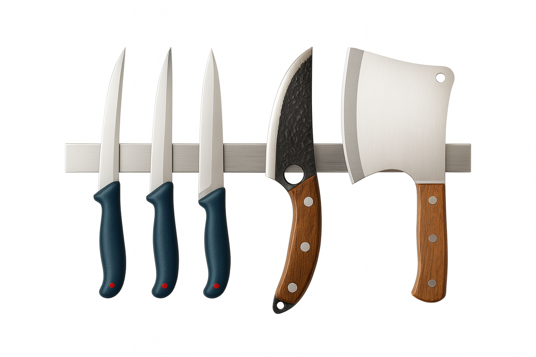 Set profesional 5 piese FEROTYB® – 3 cutite din otel german + cutit japonez din otel carbon + topor de macelar, manere ergonomice, pentru transat, dezosat, filetat si gatit BBQ