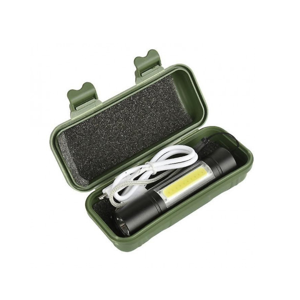 Mini lanterna puternica, 9 cm, metalica, acumulator intern, incarcare USB, cutie transport