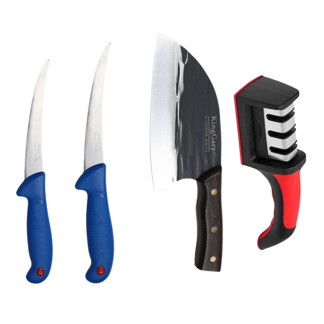 Set Profesional 2 Cutite, 1 Cutit Satar pentru Macelarie si Ascutitor Cutite 3 in 1, Dezosare si Filetare, Lama Curbata Forjata din Otel Carbon