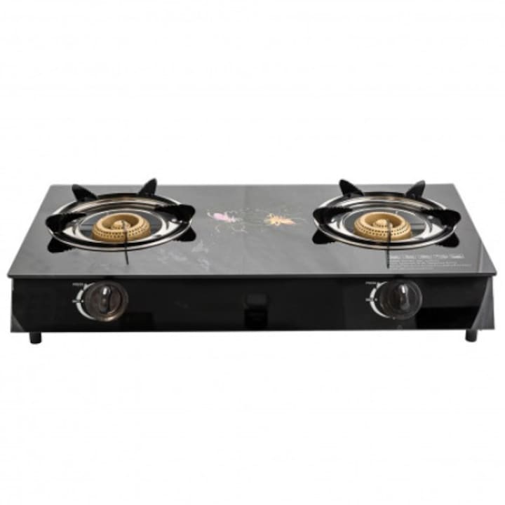 Aragaz din sticla securizata, 2 ochiuri, aprindere pe quartz + Kit reglabil GPL RH-10 + Tub flex 2M