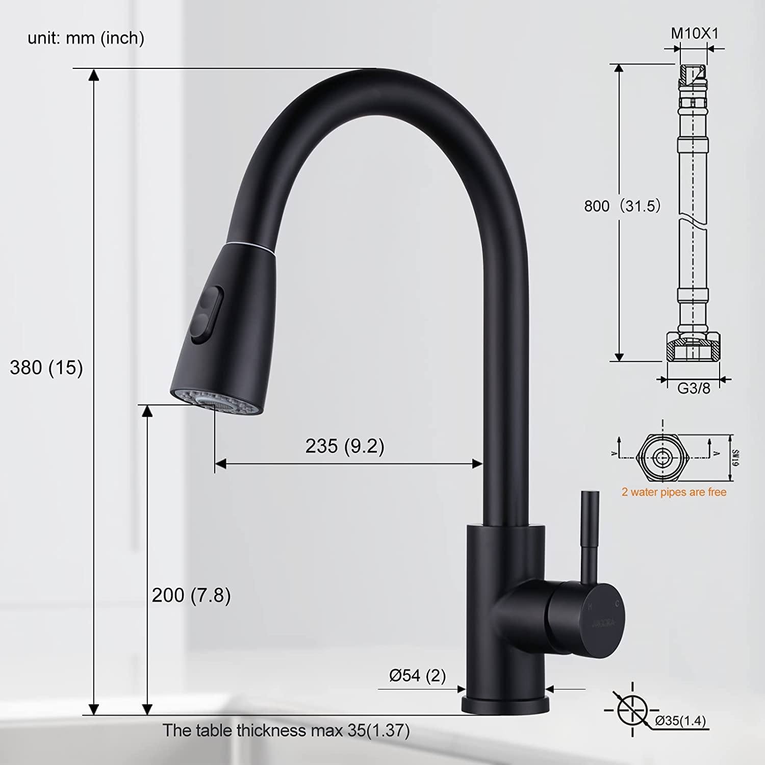 Baterie de bucatarie, Inox, Dus extensibil, Rotire 360, Negru