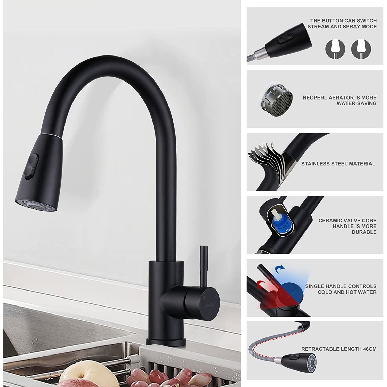 Baterie de bucatarie, Inox, Dus extensibil, Rotire 360, Negru