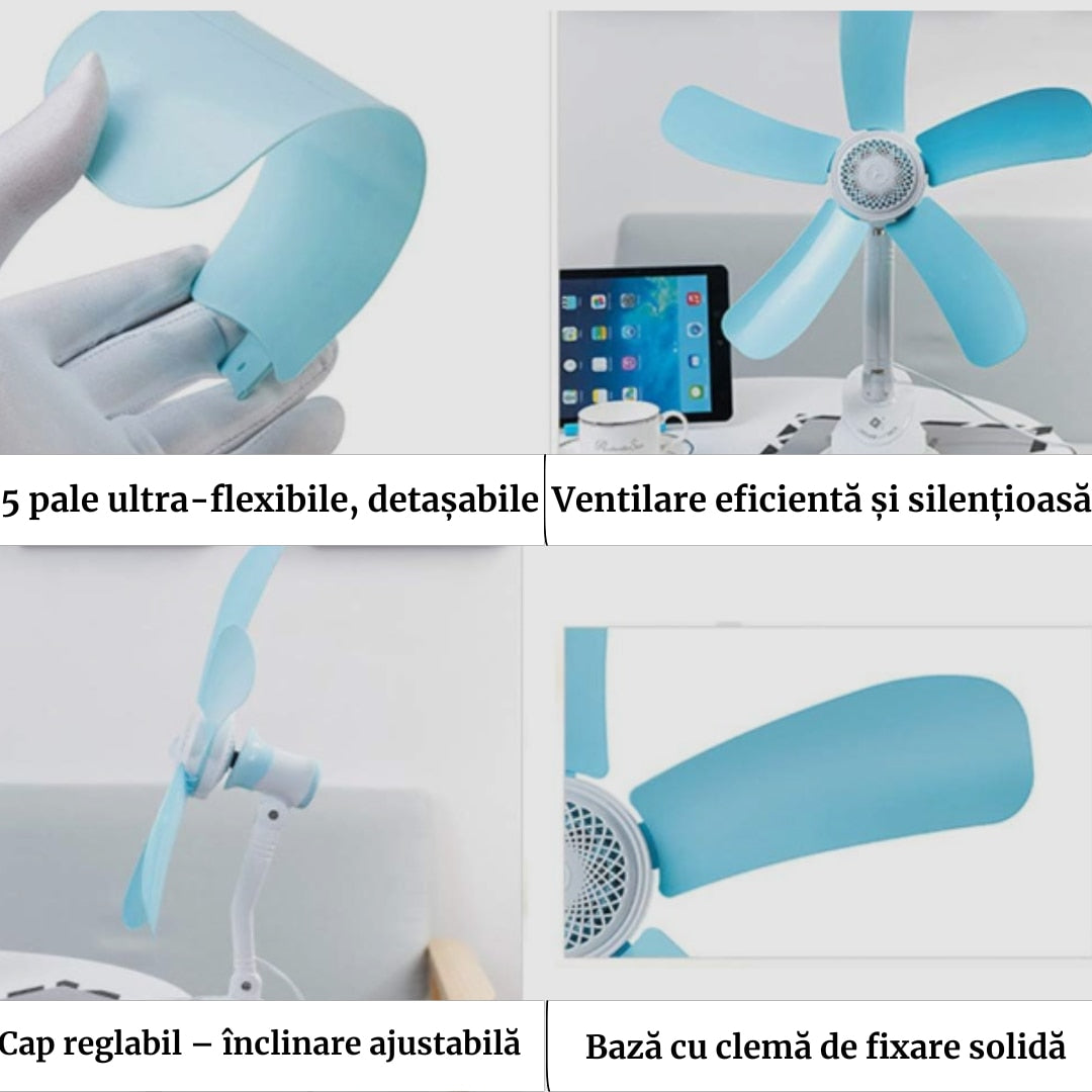 Ventilator Electric de Masa cu 5 Pale Flexibile, Design Silentios, Ultra Usor si Portabil, Pentru Birou, Dormitor, Albastru