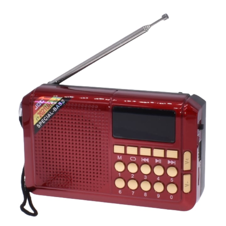 Radio Portabil cu Acumulator, FM, Cititor format MP3 USB/TF, Bluetooth, Incarcare Solara, Afisaj digital, Joc, Rosu