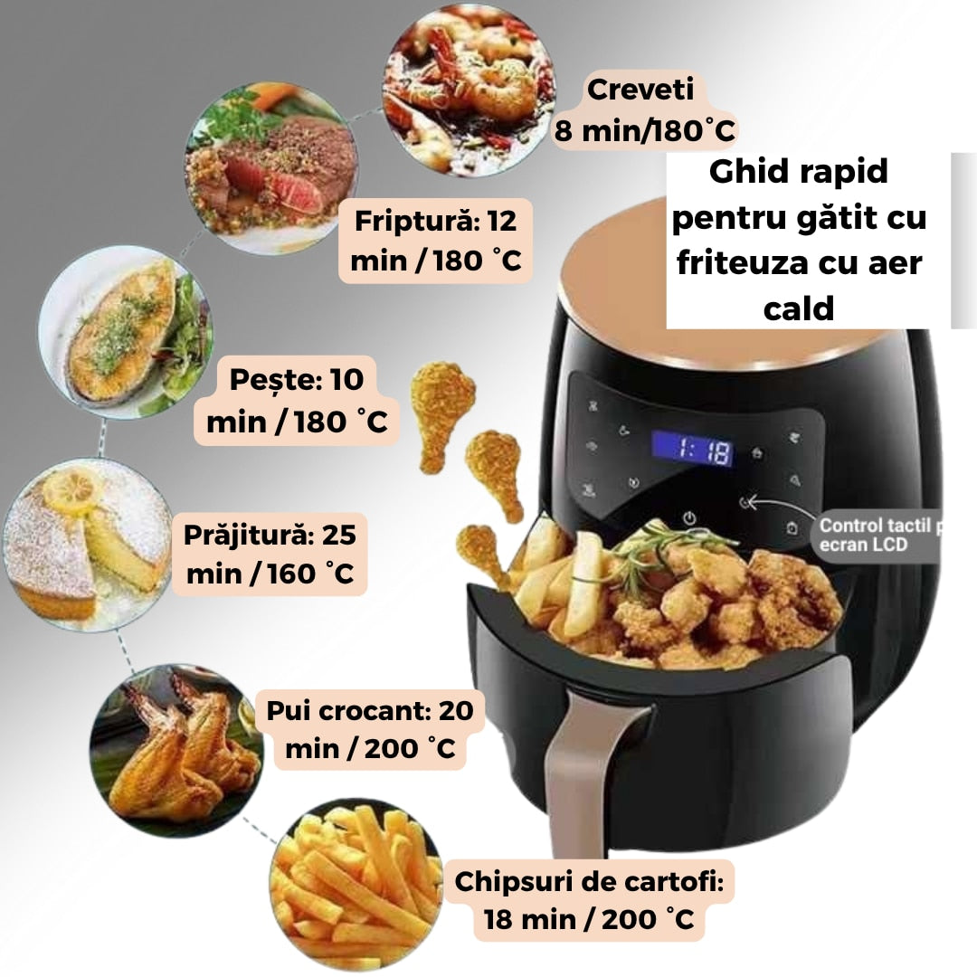 Friteuza cu aer cald 6L digitala cu panou tactil si programe presetate gatit fara ulei, cos antiaderent si control LCD