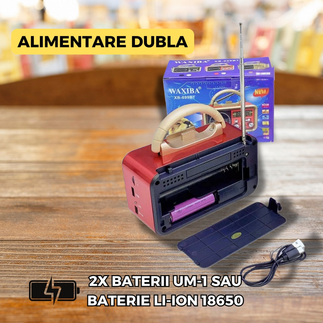 Radio portabil multifunctional XB-899 cu bluetooth, mp3, panou solar, lanterna integrata si suport telefon, 17.5 x 12 x 10 cm, rosu