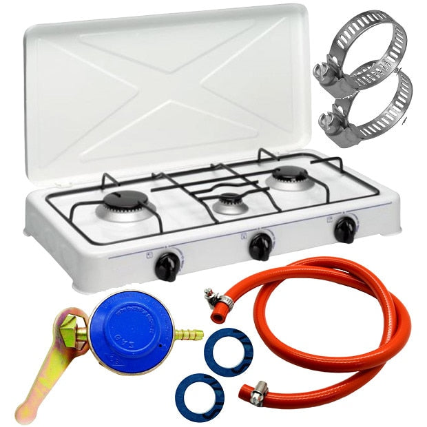 Pachet Aragaz Cu 3 Ochiuri, Utilizare GPL Butelie 0.9Kw, 1.6Kw, 2.3KwCeas Butelie, 2m Furtun, 2Coliere,2 Garnituri