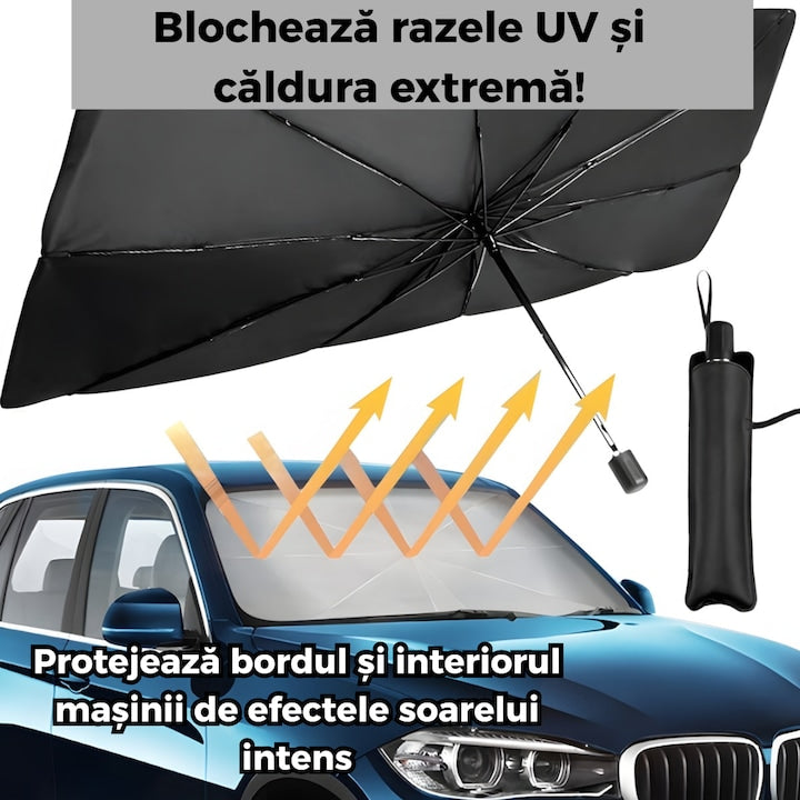 Parasolar Auto Pliabil, pentru Masina, in Forma de Umbrela, 120 cm x 60 cm, Rezistent UV, Negru-Argintiu