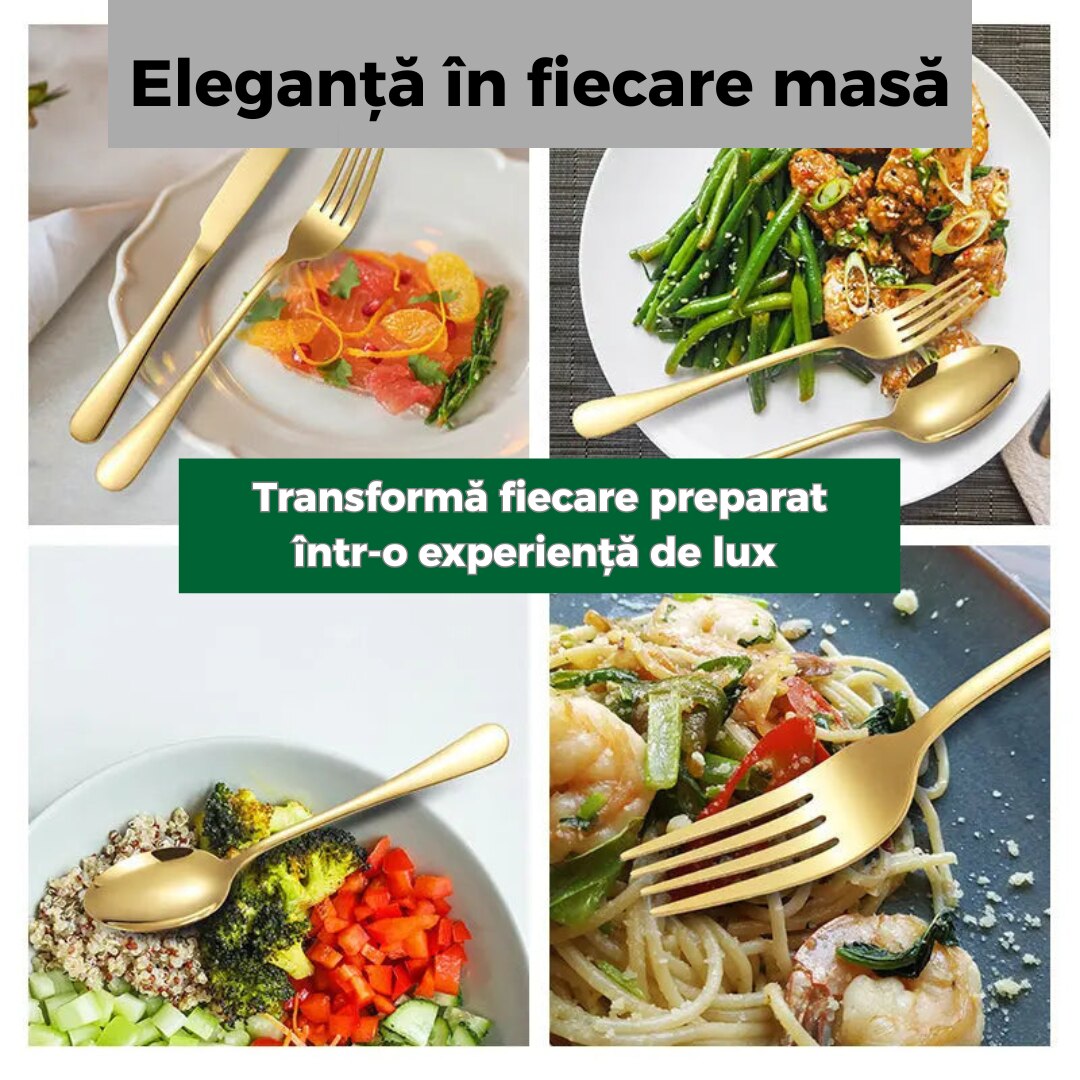 Set tacamuri aurii 24 piese din inox cu suport vertical si cutie eleganta finisaj mat, design modern pentru 6 persoane