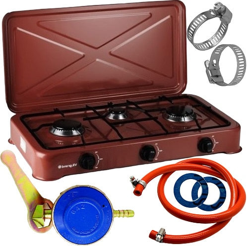 Pachet Aragaz Cu 3 Ochiuri, Utilizare GPL Butelie 0.9Kw, 1.6Kw, 2.3KwCeas Butelie, 2m Furtun, 2Coliere,2 Garnituri, Maro
