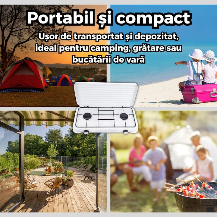 Aragaz portabil cu 2 ochiuri + kit conectare butelie (furtun, regulator, coliere)