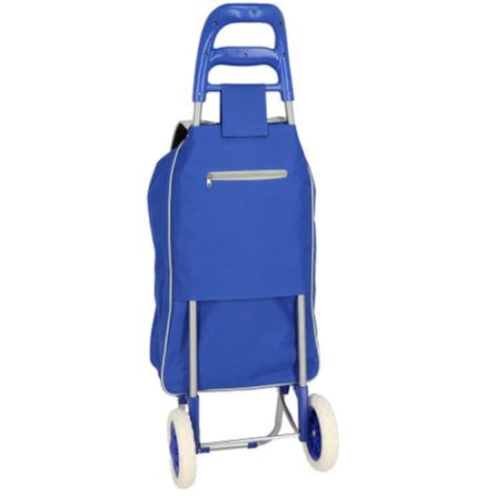 Carucior pentru cumparaturi ALBASTRU, 2 roti plastic, cadru metalic + CADOU 1 Roata de rezerva