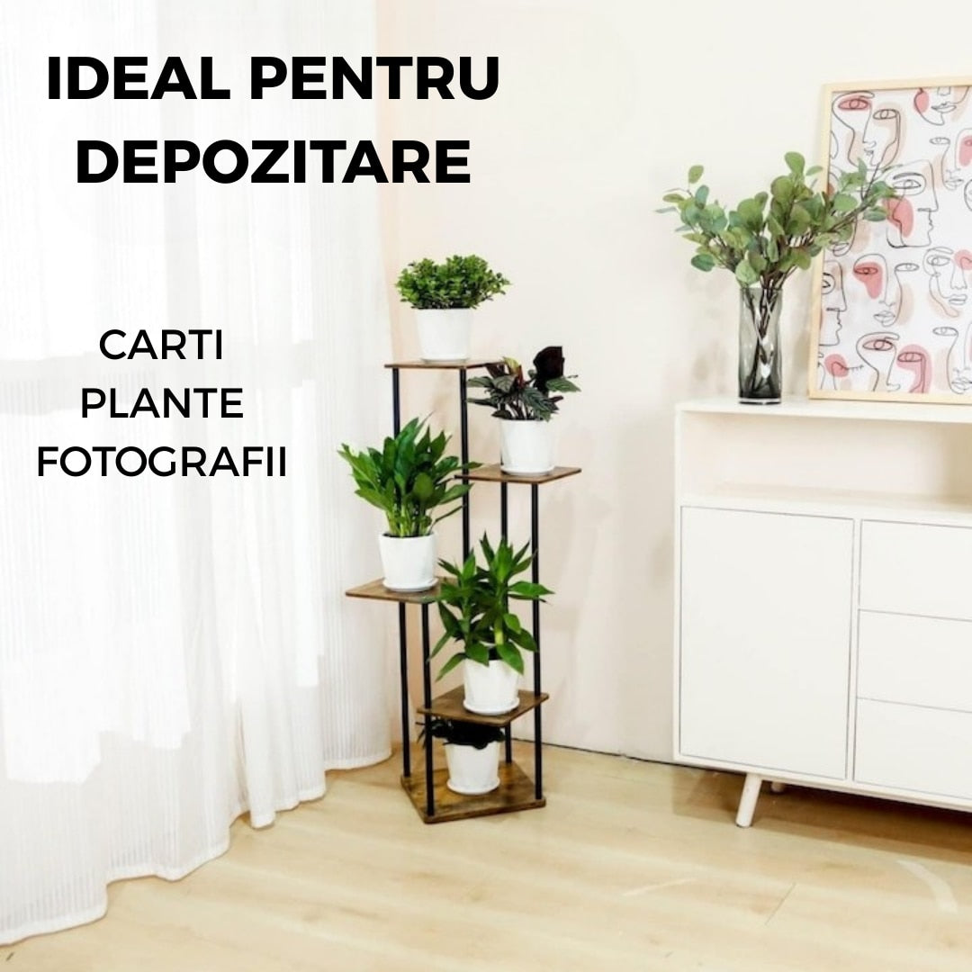 Etajera verticala pentru plante, 5 rafturi, structura metalica si rafturi din lemn