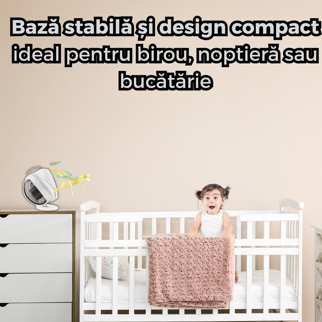 Ventilator de birou 360°, silentios si compact, cu suport anti-alunecare