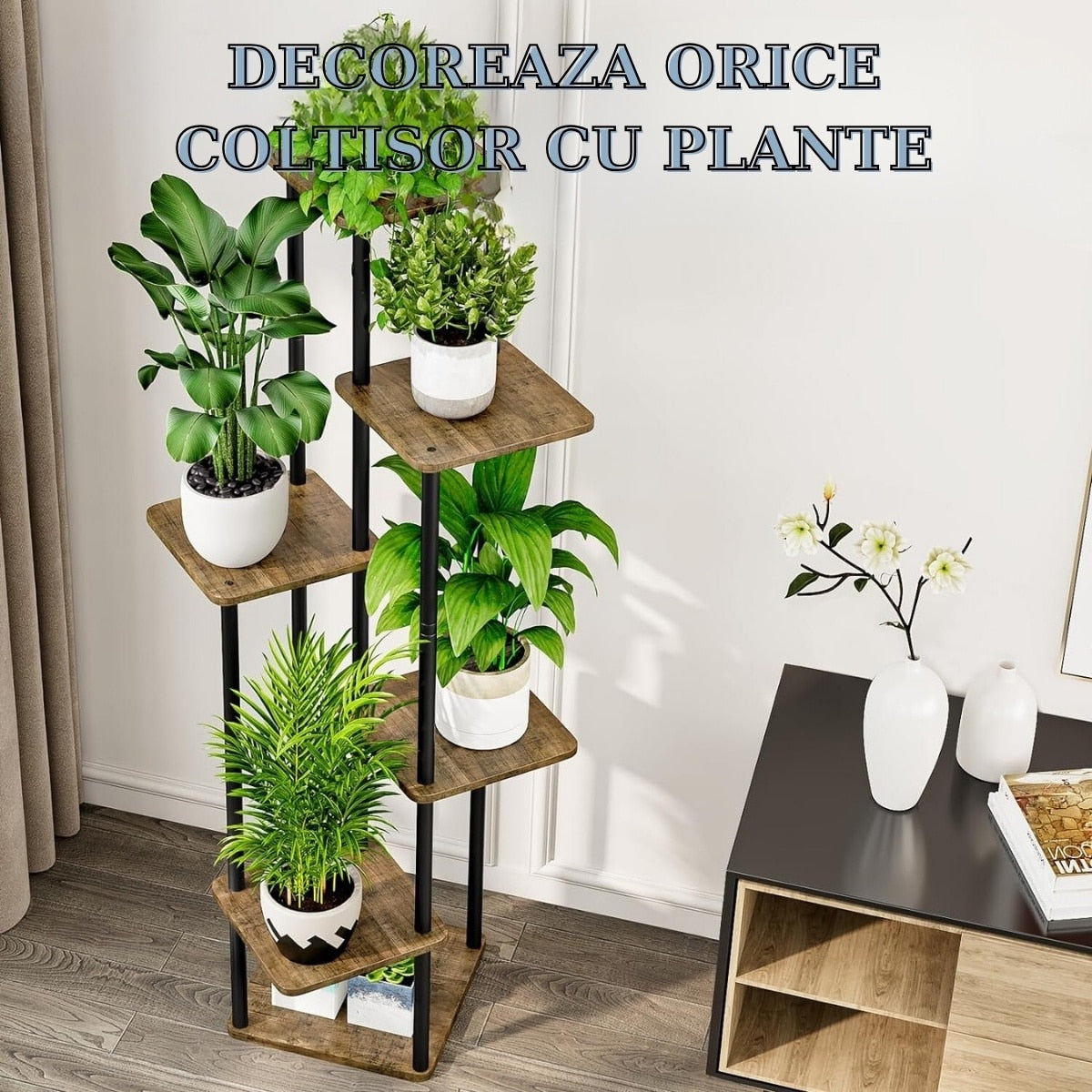 Suport Metalic inalt pentru Plante cu 4 Niveluri, Raft Retro din Lemn pentru Plante Interne, potrivit in Living, Terasa, Gradina si Birou, Inaltime 106.30 cm