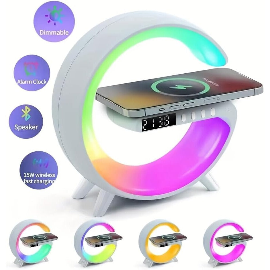 Lampa Smart LED si Incarcator Wireless 15W, Lumini Ambientale, Sincronizare muzicala, Difuzor 5W, Muzica Bluetooth, USB, FM Radio, MicroSD, AUX, Afisaj Ceas Digital, Alarma