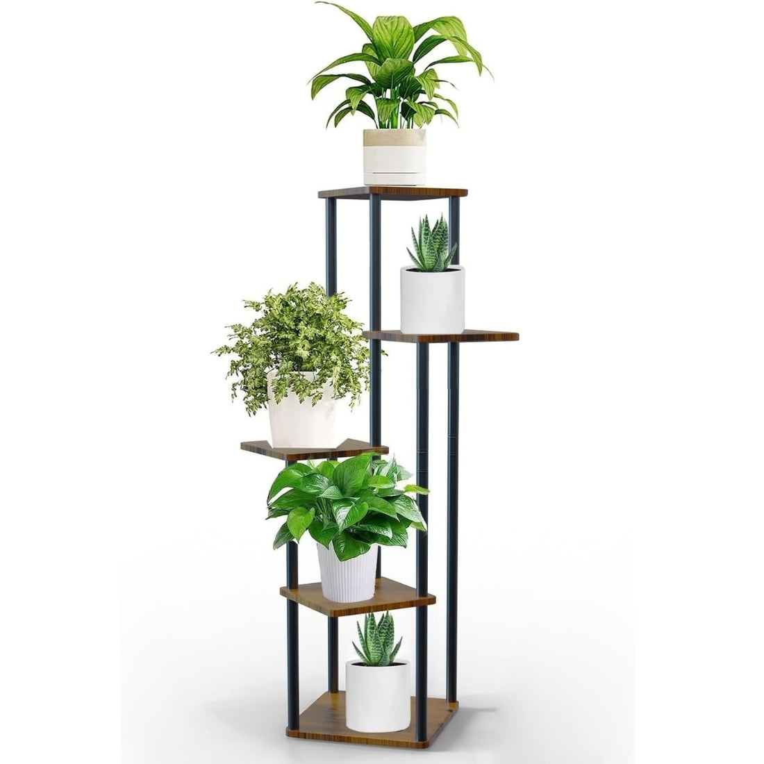 Suport Metalic inalt pentru Plante cu 4 Niveluri, Raft Retro din Lemn pentru Plante Interne, potrivit in Living, Terasa, Gradina si Birou, Inaltime 106.30 cm