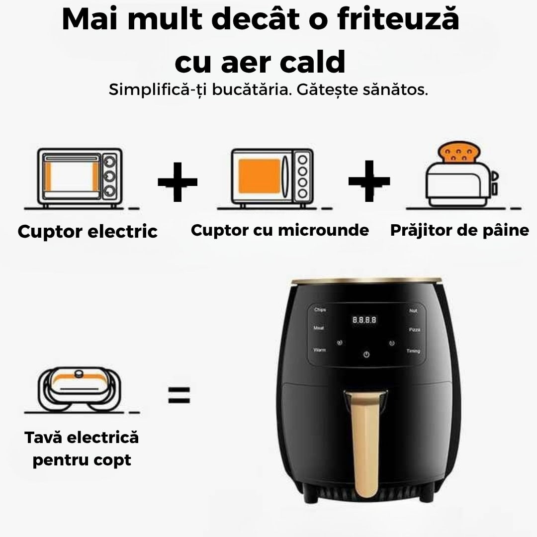 Friteuza cu aer cald 6L digitala cu panou tactil si programe presetate gatit fara ulei, cos antiaderent si control LCD