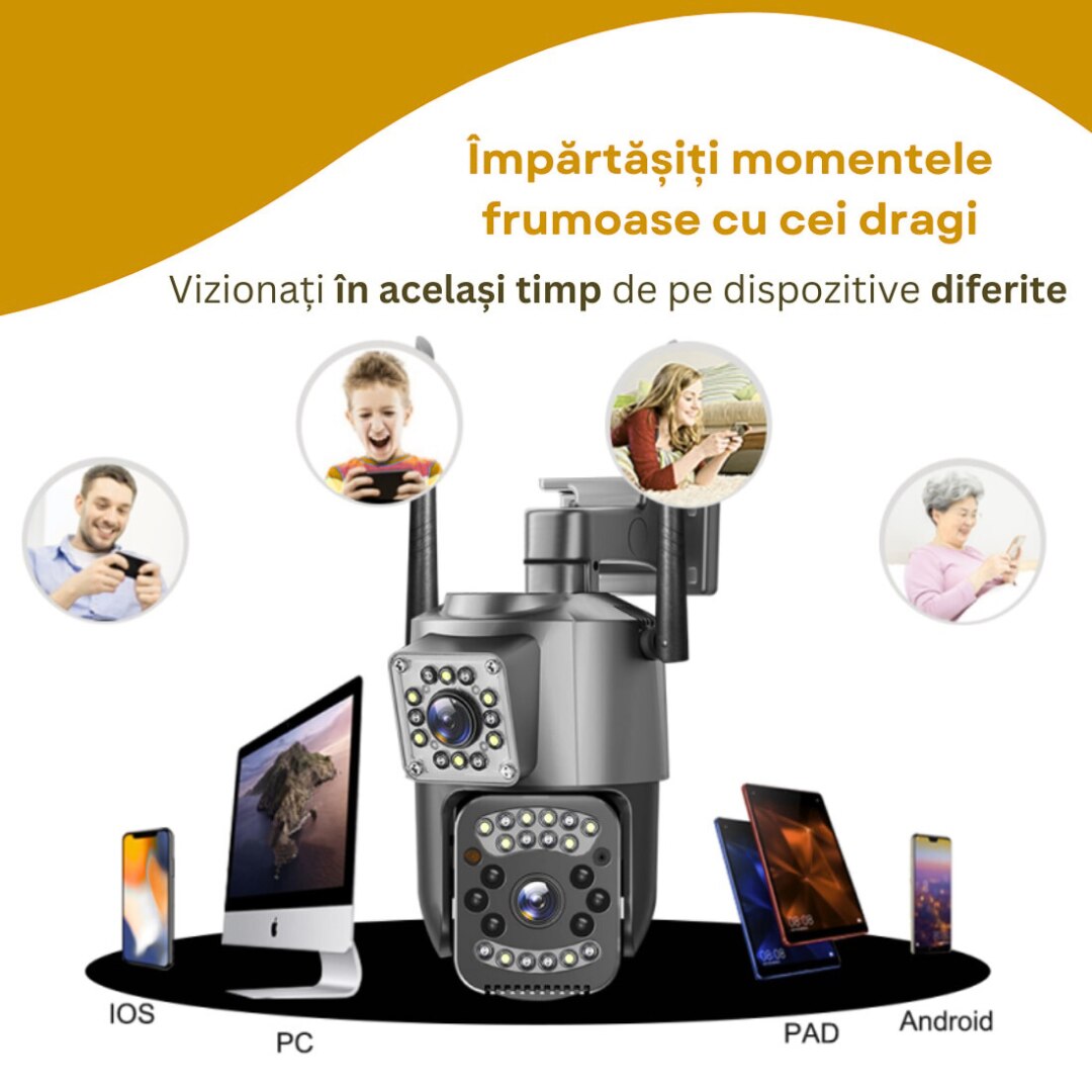 Camera Supraveghere WiFi Exterior 2 in 1 Viziune Duala, Full HD, Rezistenta la Apa, Compatibila Android/iOS