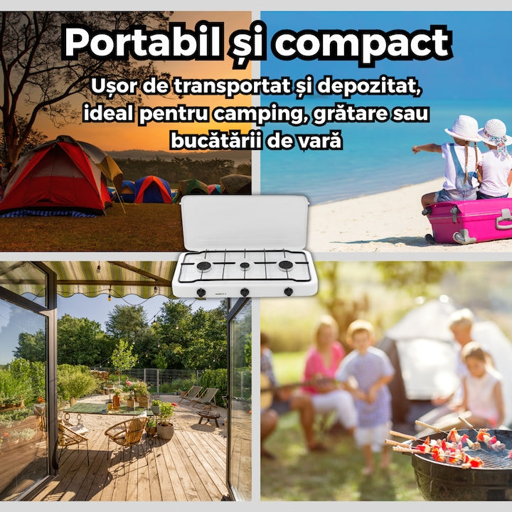 Aragaz portabil cu 3 ochiuri SGS 6003, capac metalic, kit complet conectare butelie si suport pentru ochi, ideal pentru camping sau gatit in aer liber