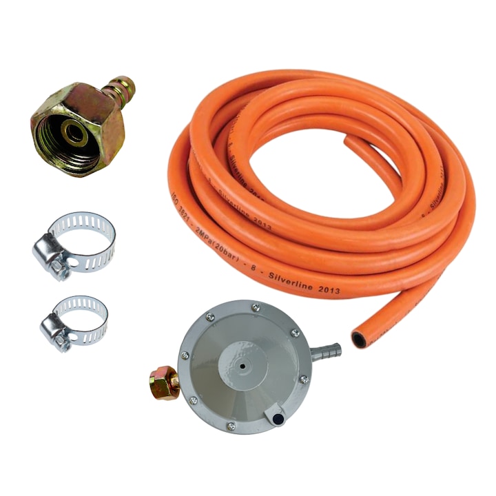 Pachet Comple compus dintr-un Ceas pentru butelie 4 metri de furtun gaz portocali. Piulita butelie gaz cu filet stanga. 2 buc coliere