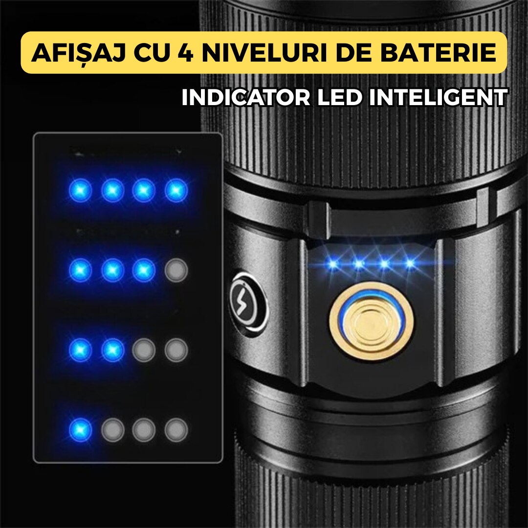 Lanterna LED profesionala, 300W, 7 moduri de iluminare, zoom telescopic, acumulator, incarcare USB, IP65