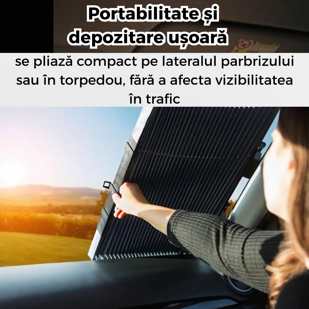 Parasolar auto retractabil tip acordeon protectie solara completa pentru parbriz, fixare rapida cu ventuze, dimensiune universala (65×150 cm)