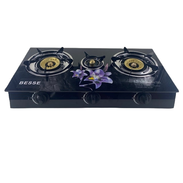 Aragaz plita sticla securizata cu 3 ochiuri, aprindere quartz, alimentare Gpl butelie + Regulator ceas butelie pentru gaz GPL, rusesc, gri