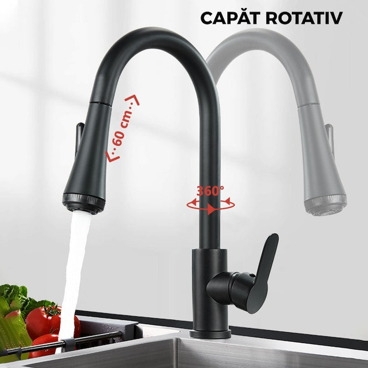 Baterie de Bucatarie cu Dus Extractibil, Finisaj Negru Mat, Rotire 360° si Design Modern Arcuit