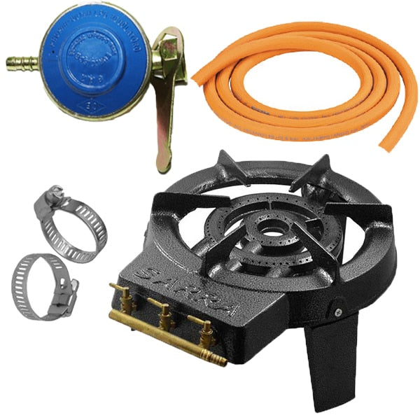 Pachet - Arzator gaz rotund 3 focuri - Pirostrie fonta + 2M Furtun pentru gaz + 2 x Coliere pentru furtun + Ceas pentru butelie + Pachet - Ceas pentru butelie + 2 metri furtun gaz + 2 buc coliere, Campion