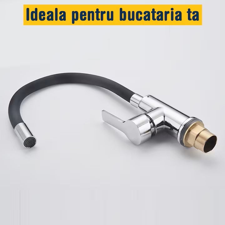 Baterie bucatarie, pipa flexibila, cartus ceramic, racorduri incluse, finisaj premium cromat, silicon negru