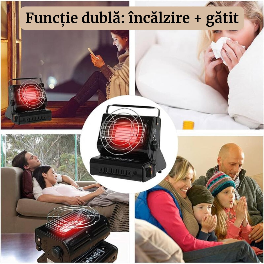 Incalzitor Portabil pe Gaz 2-in-1 cu Functie de Aragaz, Putere 1.5 kW, Aprindere Piezoelectrica, Compatibil cu Cartus Gaz Butan 220g, Ideal pentru Camping, Cort, Rulota, Pescuit, Negru