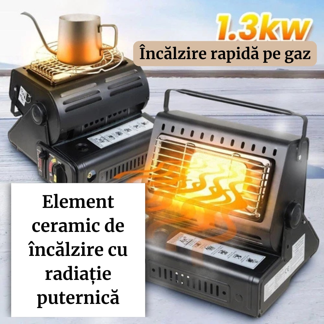 Incalzitor Portabil pe Gaz 2-in-1 cu Functie de Aragaz, Putere 1.5 kW, Aprindere Piezoelectrica, Compatibil cu Cartus Gaz Butan 220g, Ideal pentru Camping, Cort, Rulota, Pescuit, Negru