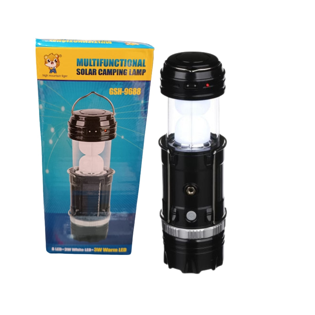 Lanterna de camping Stage Lamp 9688 cu panou solar, reincarcabila, 3 moduri de iluminare, 1600 mAh, lumina alba si calda, port USB