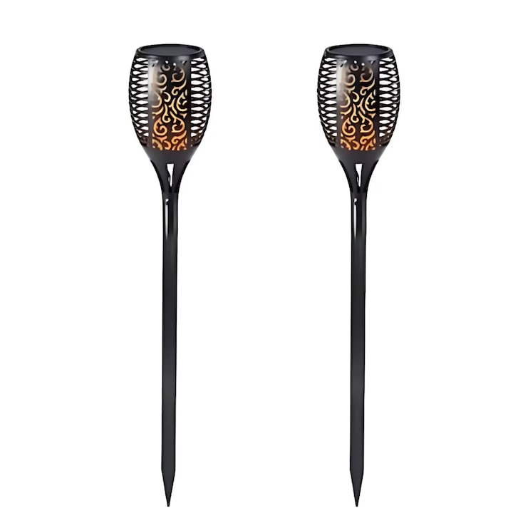 Set 2 Lampi Solare de Gradina Tip Torta cu LED, Efect Flacara Realista, Impermeabile IP65, Incarcare Solara, Aprindere Automata, Negru, Decor Exterior Alei, Curte, Terasa